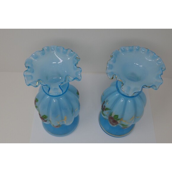 Fenton Melon Hand Painted Floral Blue Glass Vases Gold Trim - Picture 8 of 13